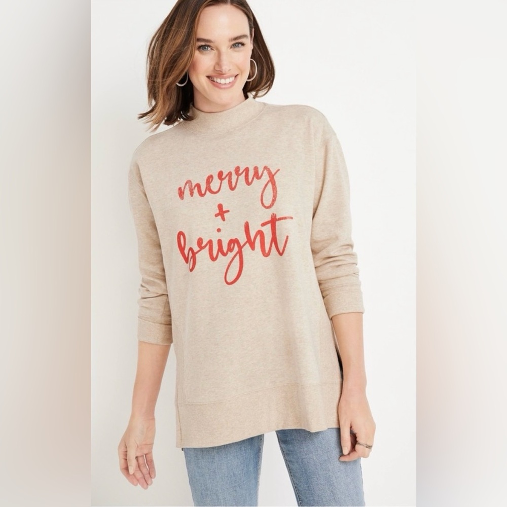 NWOT Willowsoft “Merry + Bright” Funnel Neck Fleece Sweatshirt Size Small